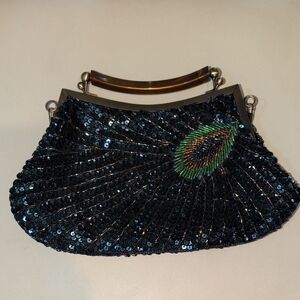 Blue And Green With A Peacock Feather  Sequin Clutch with Kisslick Closure
